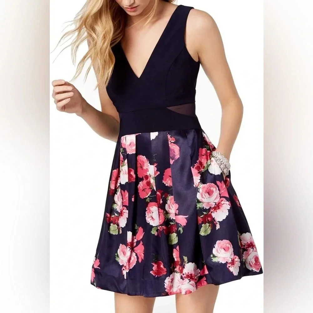 Xscape Solid Floral Deep V Neck Cut Out Fit and Flare